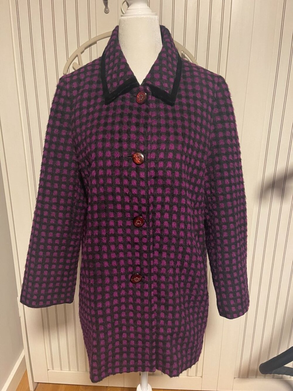 Vintage Ma Bu It 100% Wool Purple Black Polka Dot Coat Velvet Collar Size M